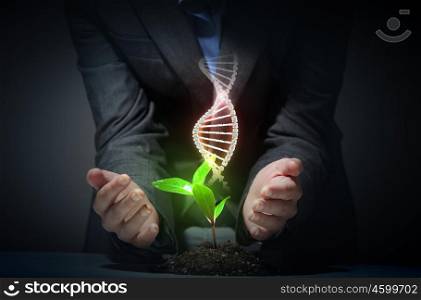 organic science theme with dna. Organic Science theme with DNA and young green sprout rising