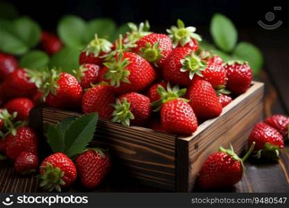 Organic strawberries in a wooden box. Generative AI