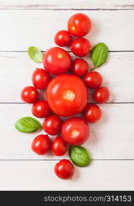 Organic Tomatoes on the Vine with basil on white kitchen woden background