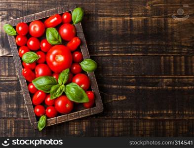 Organic Tomatoes with basil and pepper in vintage wooden box on wooden table