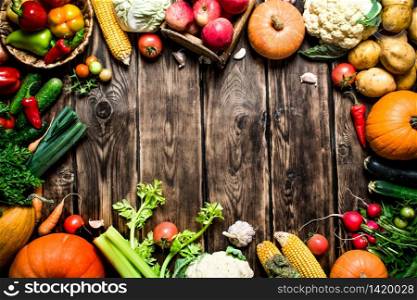 Organic vegetables. Different raw vegetables . On wooden background. Different raw vegetables .