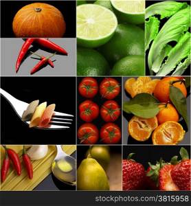Organic Vegetarian Vegan dietetic food collage dark mood