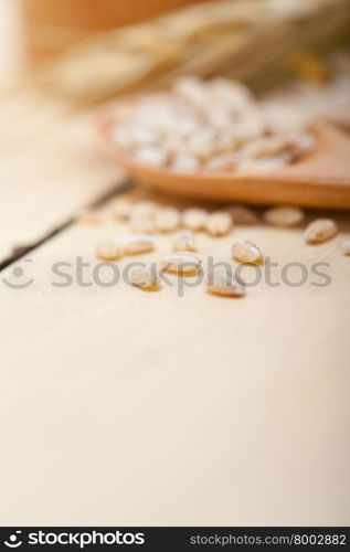 organic wheat grains over rustic wood table macro closeup