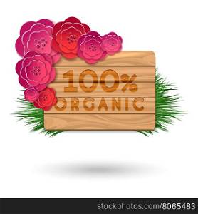 Organic wood banner with red flowers. Organic wood banner with red flowers bouquet and grass isolated on white. Vector illustration