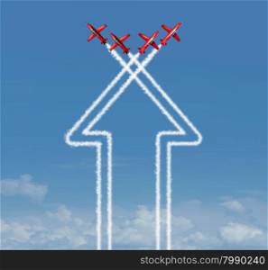 Organization concept as an up arrow symbol and icon for success made from an organized group of flying jet airplanes working together at an air show on a blue sky.