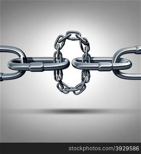 Organization solutions business concept with a group of metal chain links forming a giant link connecting together to complete a network as a concept for merging in solidarity to form strong team serviceto complete the puzzle.
