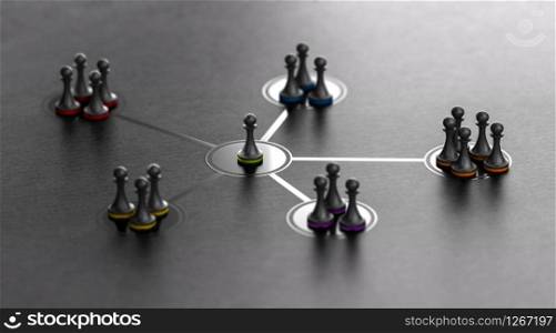 Organized groups managed by a leader. 3D ilustration of pawns with different colors over black background.. Leadership And Team Cohesiveness Over Black Background