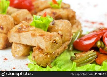 Orient salad with spicy chicken meat and roasted vegetables