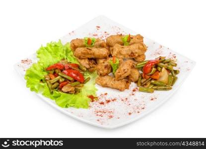 Orient salad with spicy chicken meat and roasted vegetables