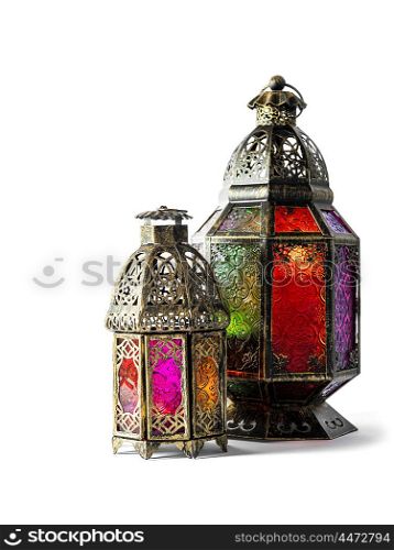 Oriental colorful light lantern on white background. Arabic holidays decoration