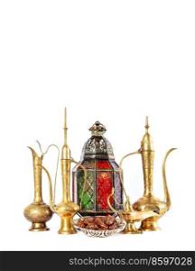 Oriental decoration lantern, pots dishes on white background. Ramadan kareem