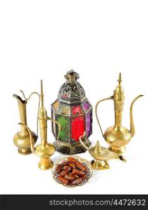 Oriental holidays decoration lantern, pots, dishes on white background