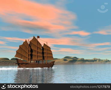 Oriental junk floating on the sea next to hills by cloudy sunset. Oriental junk by sunset - 3D render