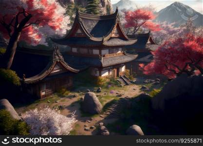 Oriental landscape with japa≠se traditional building close to river and cloudy mountains in time of sakura blossom. Neural≠twork AI≥≠rated art. Oriental landscape with japa≠se traditional building close to river and cloudy mountains in time of sakura blossom. Neural≠twork≥≠rated art