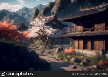 Oriental landscape with japanese traditional building close to river and cloudy mountains in time of sakura blossom. Neural network AI generated art. Oriental landscape with japanese traditional building close to river and cloudy mountains in time of sakura blossom. Neural network generated art