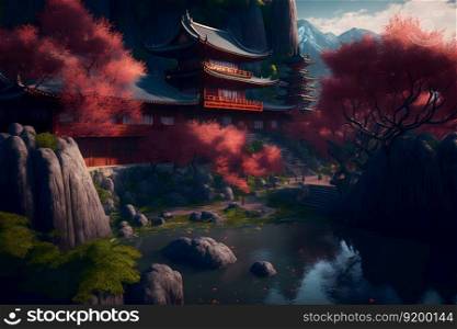 Oriental landscape with japanese traditional building close to river and cloudy mountains in time of sakura blossom. Neural network AI generated art. Oriental landscape with japanese traditional building close to river and cloudy mountains in time of sakura blossom. Neural network generated art