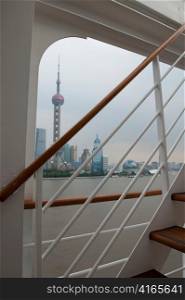 Oriental Pearl Tower viewed from a cruise ship, Huangpu River, Pudong, Shanghai, China