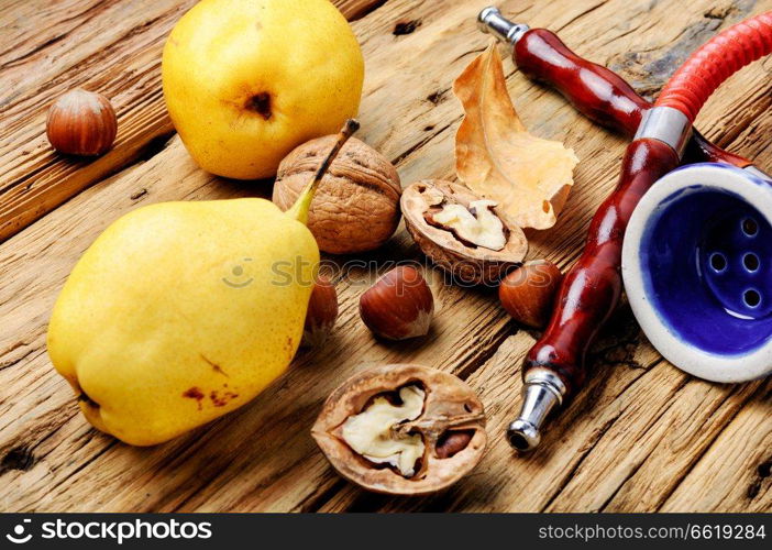 Oriental shisha hookah with aroma pear for relax.Pear shisha.Autumn hookah menu. Hookah with aroma pear