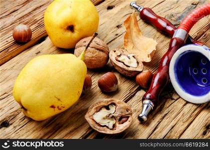 Oriental shisha hookah with aroma pear for relax.Pear shisha.Autumn hookah menu. Hookah with aroma pear