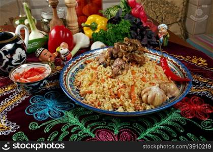 Oriental Uzbek pilaf . Central Asian cuisine