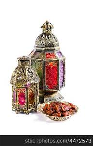Oriental vintage light lantern on white background. Arabic holidays decoration