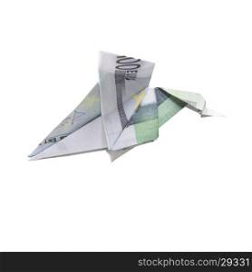 Origami Bird from banknotes. Origami Bird from banknotes on a white background
