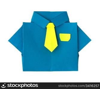 Origami blue shirt with tie. White isolated