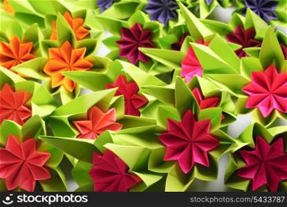 Origami bunch of various rainbow flowers isolated on white