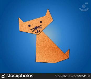 Origami cat made from paper on blue background