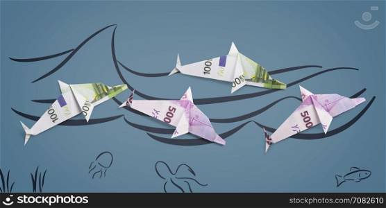 origami Dolphin from banknotes. origami Dolphin out banknotes on a painted sea background