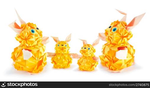 origami figure of hare family (isolated on white, with shadows)