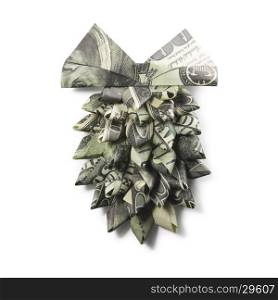 Origami fir-cone of dollar banknotes. Origami fir-cone of dollar banknotes on a white background. Handmade