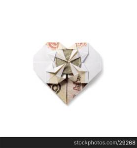 origami heart of banknotes. origami heart of banknotes on a white background