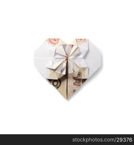 origami heart of banknotes. origami heart of banknotes on a white background