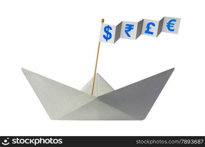 Origami paper boat with flag writing different currency signs