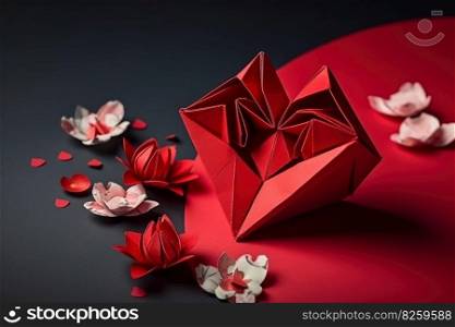 Origami red heart and flowers for Valentines day theme. Generative AI.