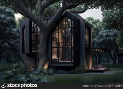 original architectural project with house in trees cozy backyard, created with generative ai. original architectural project with house in trees cozy backyard