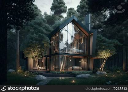 original architectural project with house in trees cozy backyard, created with generative ai. original architectural project with house in trees cozy backyard