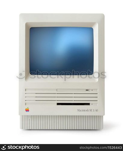 Original classic Apple Macintosh SE computer front, isolated on white