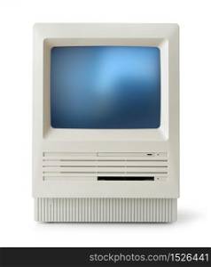 Original classic computer of eighties, front, isolated on white