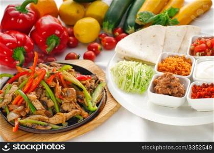 original fajita sizzling smoking hot served on iron plate and fresh vegetables on background ,MORE DELICIOUS FOOD ON PORTFOLIO