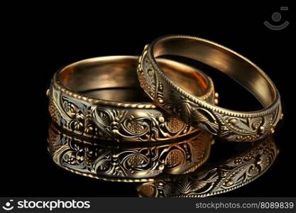 Original gold wedding rings on a dark background. Neural network AI generated art. Original gold wedding rings on a dark background. Neural network AI generated