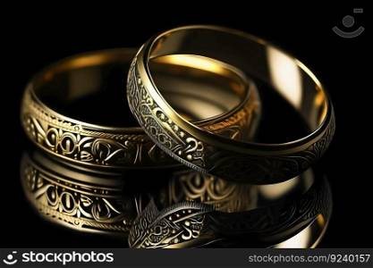 Original gold wedding rings on a dark background. Neural network AI generated art. Original gold wedding rings on a dark background. Neural network AI generated