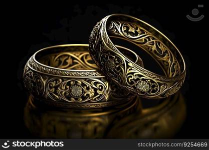 Original gold wedding rings on a dark background. Neural≠twork AI≥≠rated art. Original gold wedding rings on a dark background. Neural≠twork AI≥≠rated