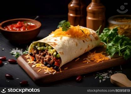 Original Mexican Burritos wraps with beef and vegetables on rustic wooden table. Concept menus and advertisement. Generative AI