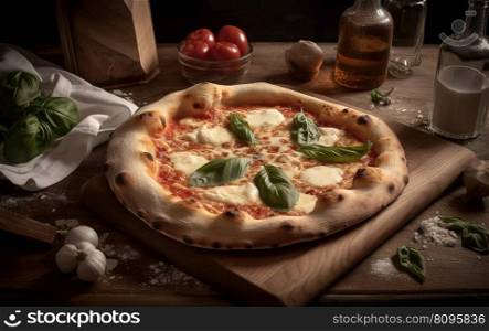 Original Neapolitan pizza margherita on rustic background. Generative AI