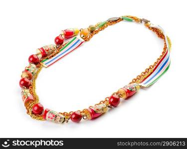 Original necklace with matrioshka, red beads and ribbon