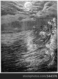 Originally. Moon is closest to the Earth still fluid produced great tides, vintage engraved illustration. Earth before man - 1886.