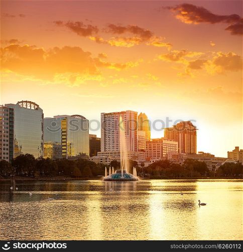 Orlando skyline sunset at lake Eola in Florida USA