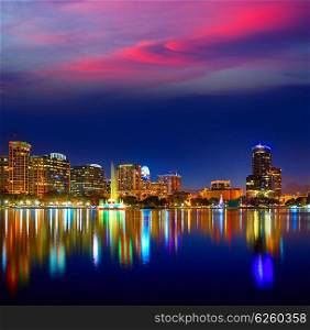 Orlando skyline sunset at lake Eola in Florida USA